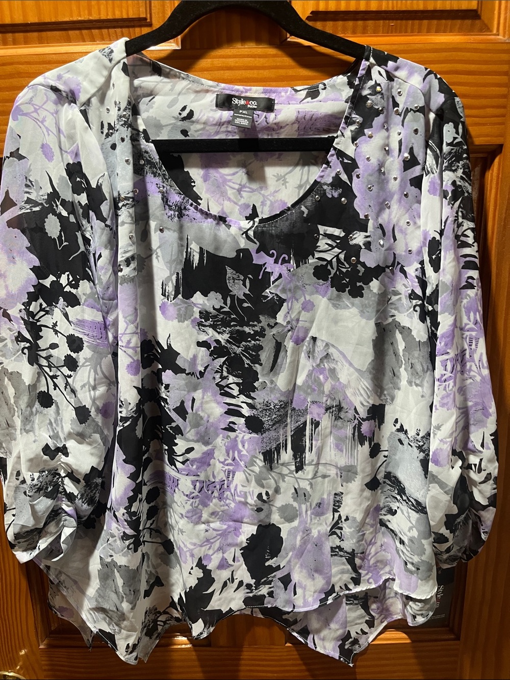 Style & Co. Black, White and Lavender Floral Blouse